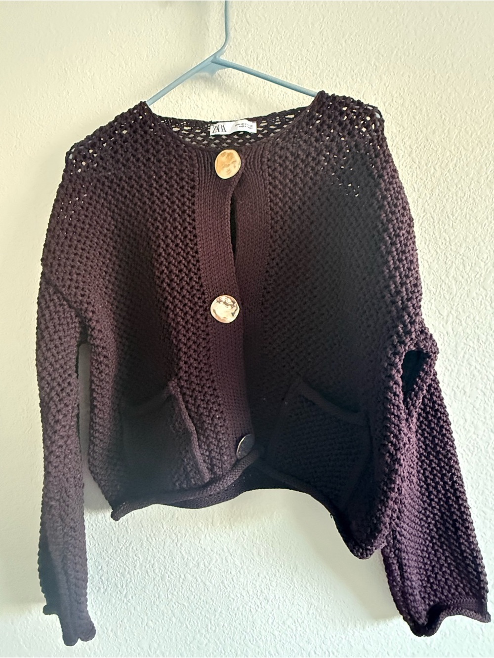 Zara Dark Plum Crochet Button-Up Cardigan - Picture 3 of 6
